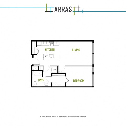 Floor plan for 1 bed, 1 bath, 796 sqft